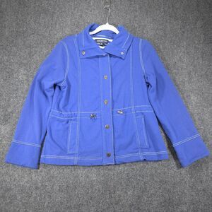 Jones New York Signature Petite PM Blue Snap Jacket Contrast Stitch Drawstring